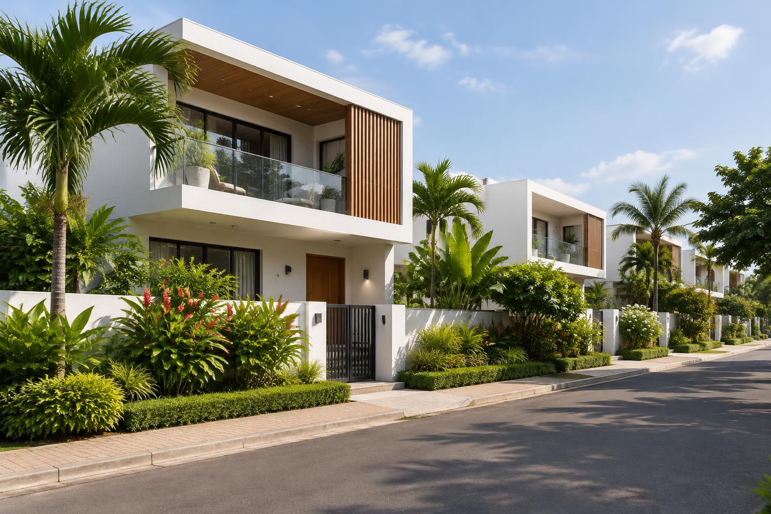 Illustrative contemporary Ghanaian residential architecture with natural tropical landscaping