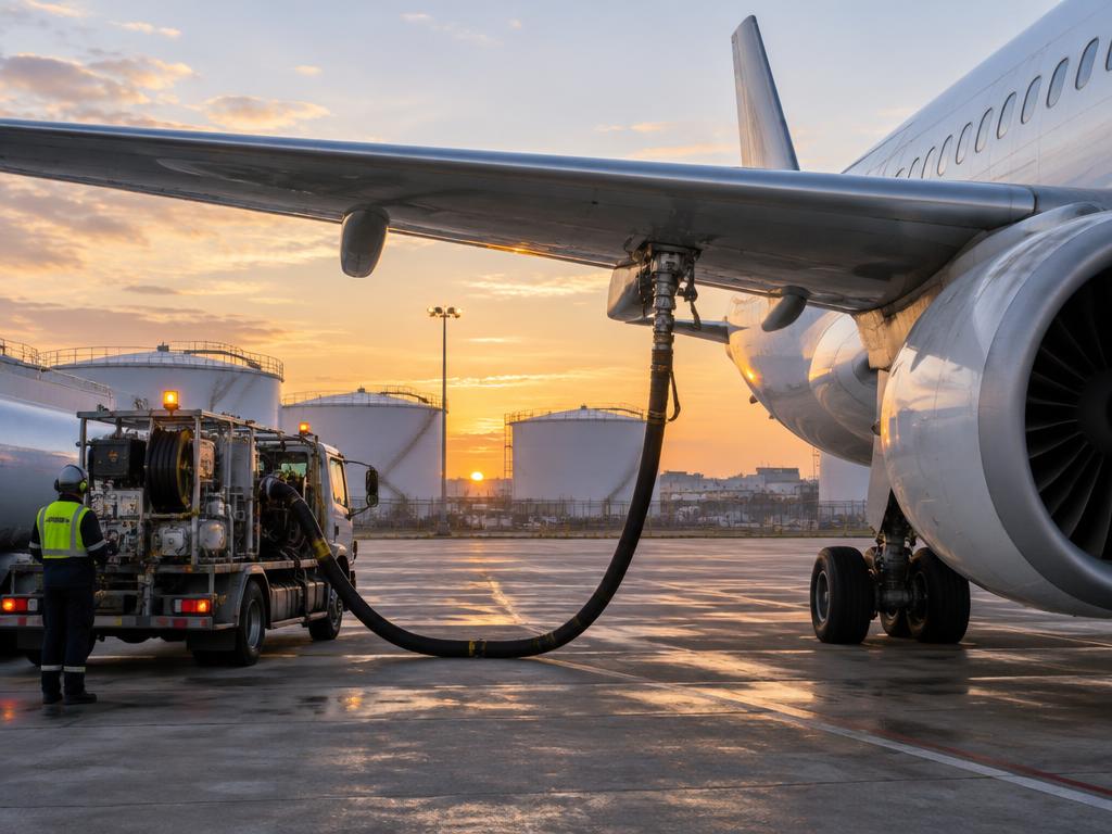 Illustrative commercial aviation fueling operation at an airport at dawn